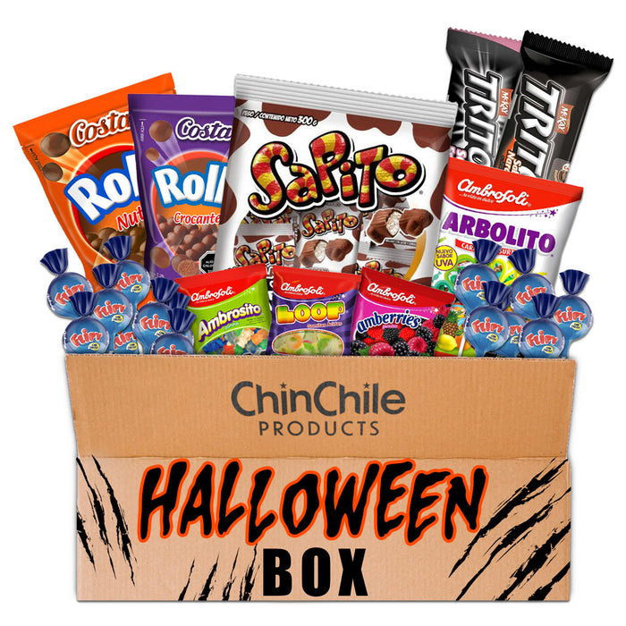 ChinChile Halloween Box con surtido de dulces y galletas chilenas en un paquete festivo.