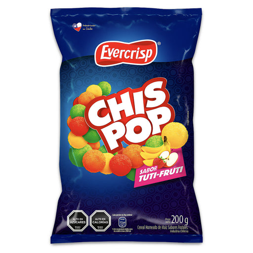 Chis Pop snack inflado con sabor a fruta en una bolsa azul con bolitas de colores en la parte delantera.