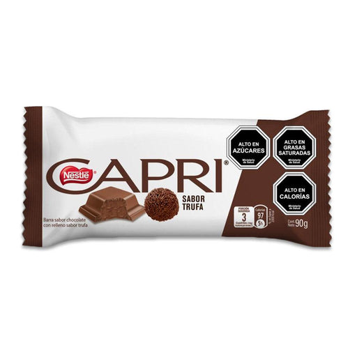 Una tableta de chocolate de 90 gramos con envoltorio blanco y marrón y trufa en la parte delantera.