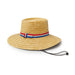 Sombrero chupalla tradicional chileno de paja con banda y barboquejo rojo, blanco y azul sobre fondo blanco.