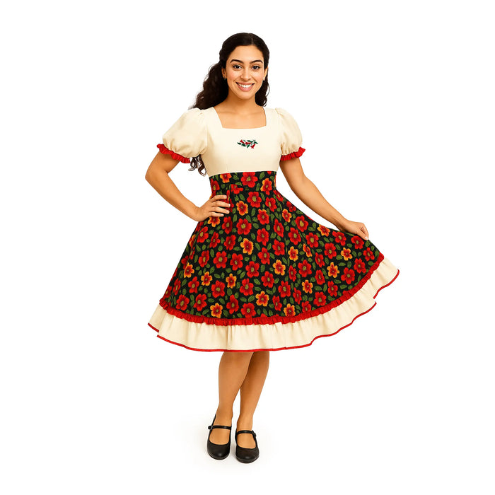 Mujer con traje tradicional chileno Vestido Huasa Chinita con corpiño crema y falda floral roja, traje folclórico para baile de cueca.