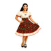 Mujer con traje tradicional chileno Vestido Huasa Chinita con corpiño crema y falda floral roja, traje folclórico para baile de cueca.