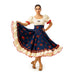 Mujer posando con Vestido Huasa Chinita vestido tradicional chileno con corpiño crema y falda azul marino decorado con rosas rojas.