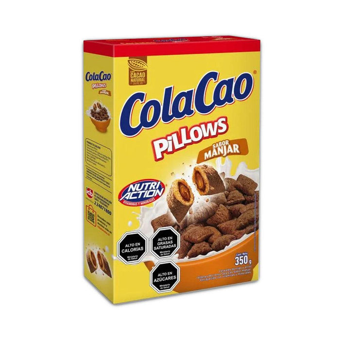 ColaCao Almohadas Caja de 350 g de cereales para el desayuno sabor Manjar, con almohadas de trigo y arroz rellenas de crema ColaCao Manjar.