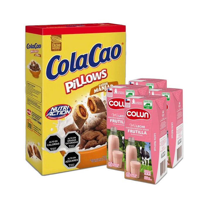 Caja de cereales ColaCao Pillows rellena de manjar y cuatro cajas de 200 ml de leche de fresa Colun.