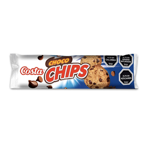 Paquete blanco y azul de Costa Choco Chips con galletas de chocolate explotando y pepitas de chocolate volando por todas partes.