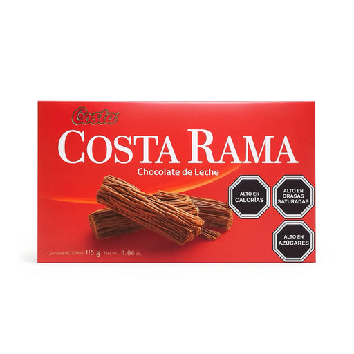 Caja roja de chocolate de leche Costa Rama con imagen del producto y texto sobre fondo blanco
