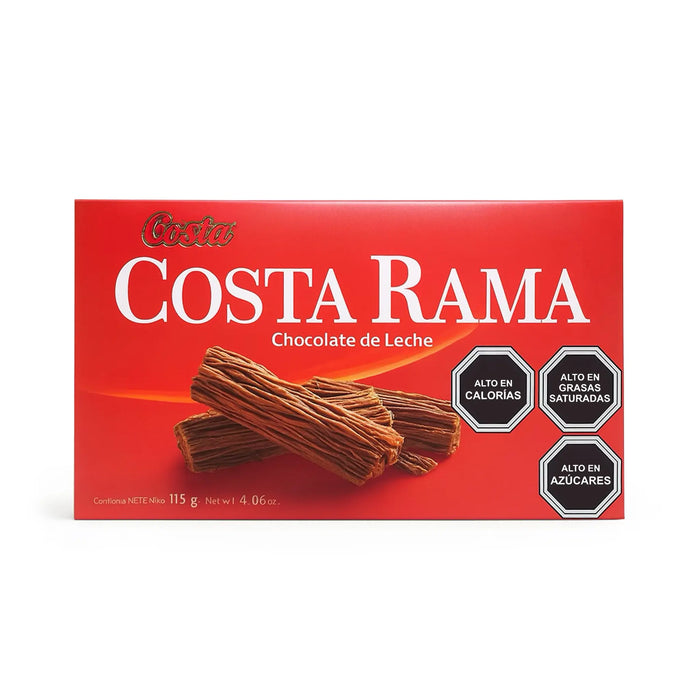 Caja roja de chocolate de leche Costa Rama con imagen del producto y texto sobre fondo blanco