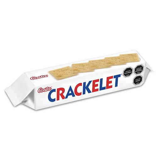 Galletas crackelet en envase blanco con texto en rojo y azul.
