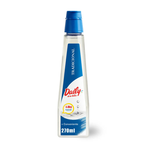 Daily Tradicional - Botella de 270 ml de edulcorante líquido sin calorías con tapón azul sobre fondo blanco.