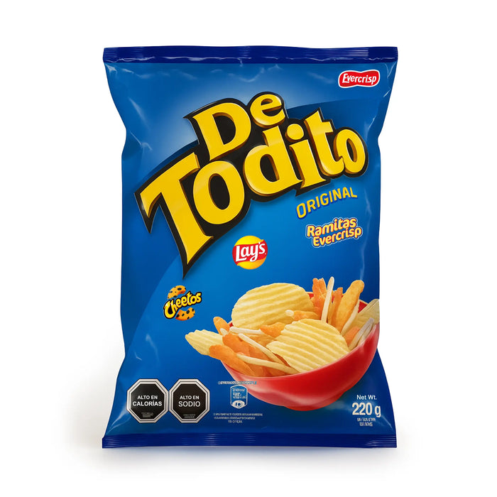 De Todito Original 220g - Mezcla chilena de aperitivos con Lay's, Ramitas y Cheetos sobre fondo blanco.