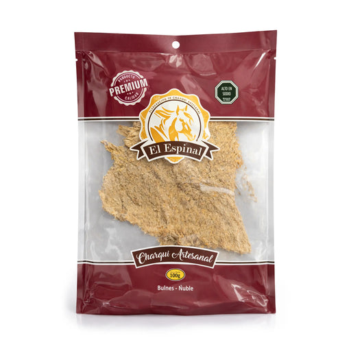 El Espinal Charqui Artesanal Carne seca de caballo chilena, bolsa de 100 g sobre fondo blanco.