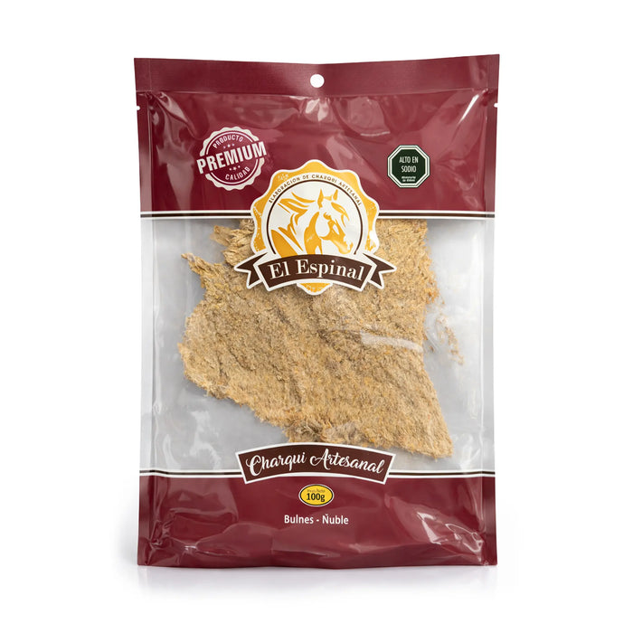 El Espinal Charqui Artesanal Carne seca de caballo chilena, bolsa de 100 g sobre fondo blanco.