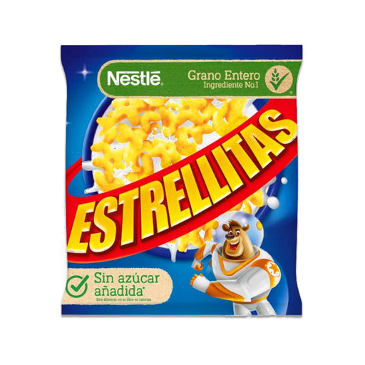 Una pequeña bolsa azul de cereales estrella amarilla con un oso vestido de astronauta en la parte delantera.