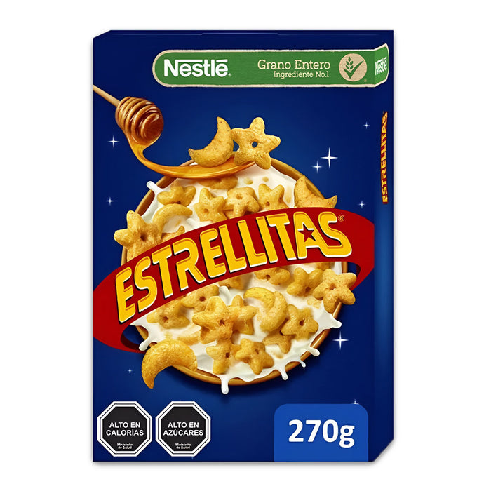 Una caja de 270 gramos de cereales Estrellitas con un bol de cereales besamel en forma de estrella.