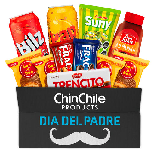 Una caja negra del día del padre llena de productos alimenticios chilenos.