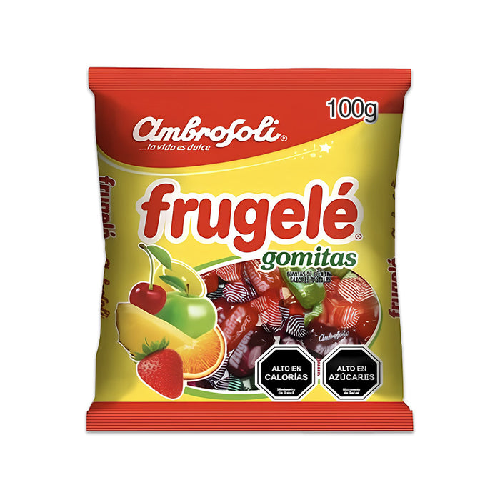Una bolsa roja y amarilla de caramelos Frugele con sabor a fruta.