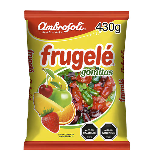 Una bolsa roja y amarilla de caramelos Frugele con sabor a fruta.