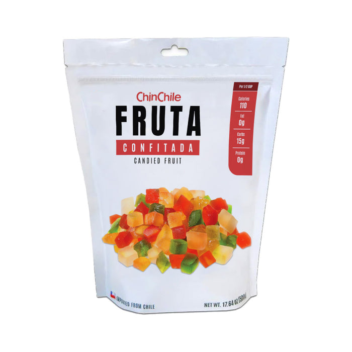 ChinChile Fruta Confitada bolsa resellable con coloridos cubos de fruta confitada en rojo, verde y amarillo, importados de Chile.