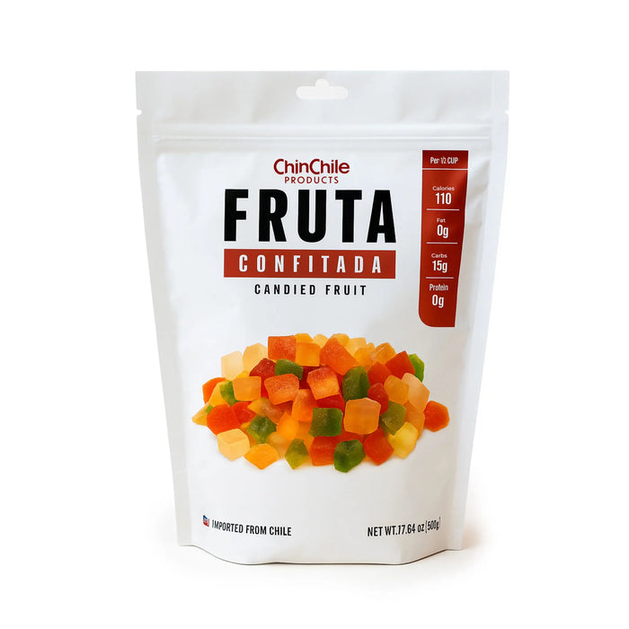 ChinChile Fruta Confitada bolsa vertical de fruta confitada sobre fondo blanco con una suave sombra proyectada.