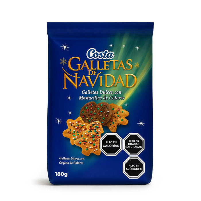 Envase de Costa Galletas de Navidad con galletas navideñas sobre fondo azul