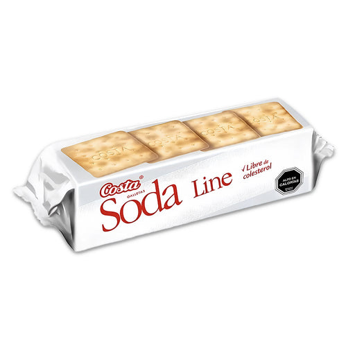 Galletas Soda Line en envase blanco con texto rojo e imágenes de galletas en la parte superior.