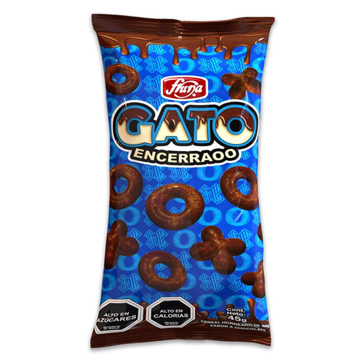 Una bolsa azul y marrón de Gato con equis y oes de chocolate al aire en la parte delantera.