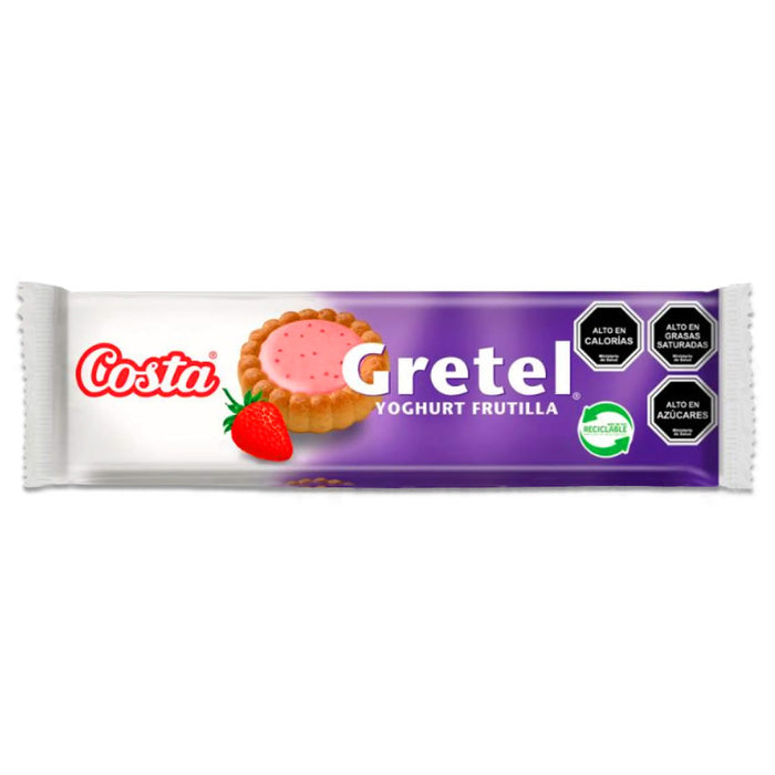 Una bolsita blanca y morada de galletas de fresa Gretel de Costa. Un producto importado de Chile.