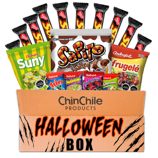 ChinChile Halloween Box con surtido de dulces y galletas chilenas en un paquete festivo.