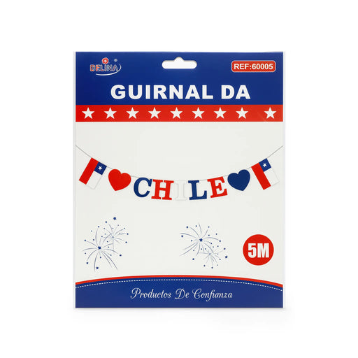 Embalaje de una pancarta decorativa de temática chilena con colores rojo, blanco y azul sobre fondo blanco.