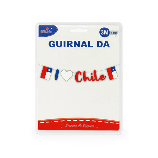 Embalaje Guirnalda Chile artículo decorativo con banderas y texto sobre fondo blanco