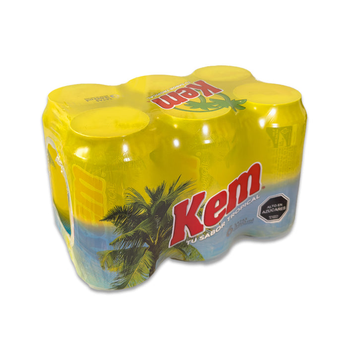 Un paquete de 6 refrescos Kem envuelto en una funda de plástico amarilla.