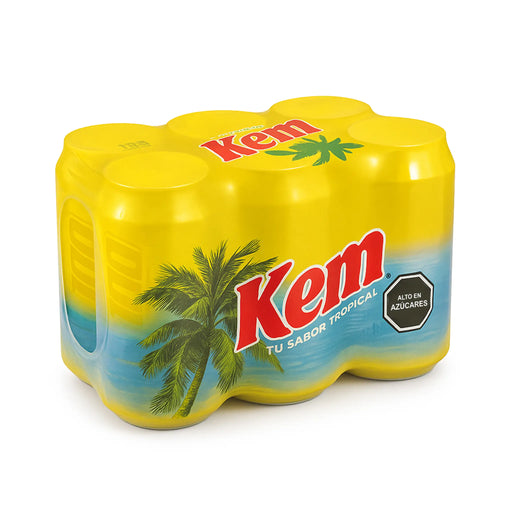 Un paquete de 6 refrescos Kem envuelto en una funda de plástico amarilla.