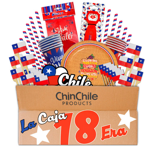 Caja de productos La Caja 18 Era de ChinChile Products, con una colección de artículos de temática chilena que incluye platos Viva Chile, tazas, pajitas tricolores, brochetas con banderas, un abridor de botellas y un colorín festivo, todo ello presentado en una caja de la marca ChinChile Products.