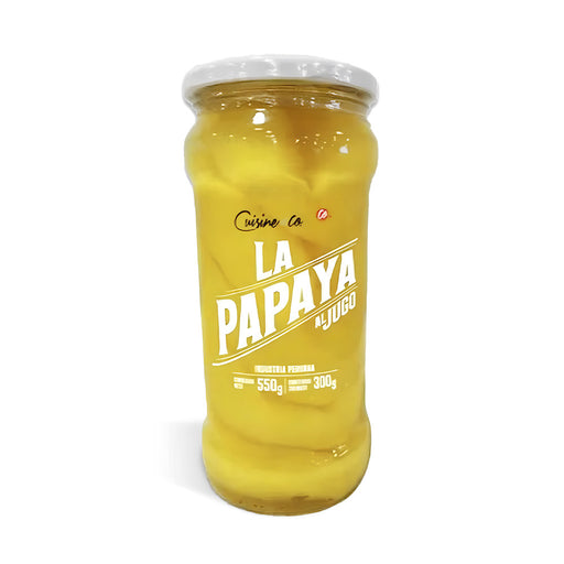 Un tarro de cristal con papayas amarillas y tapón blanco.