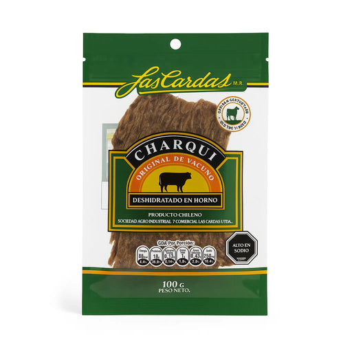 Paquete de Las Cardas Charqui con diseño verde y amarillo sobre fondo blanco