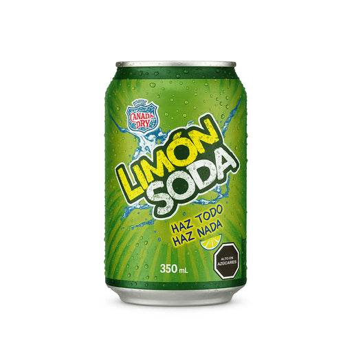 Una lata verde de 350 ml de Limon Soda sobre fondo blanco.