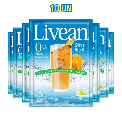 Un pack de 10 zumos Livean sabor Huesillo en sobres individuales de color azul con un vaso de zumo de naranja huesillo en el frontal.