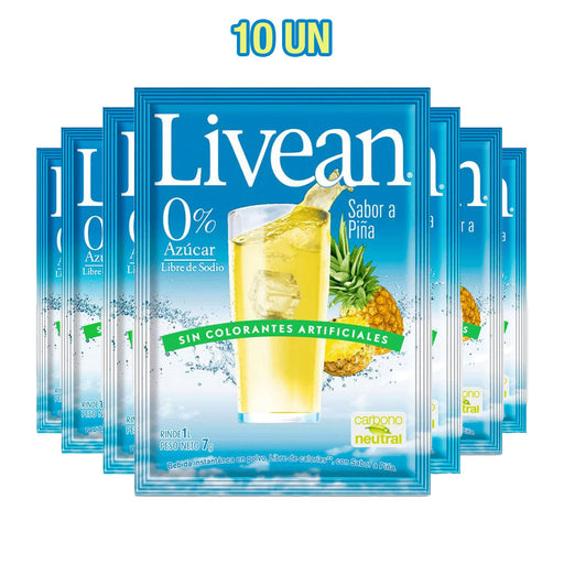Un paquete de 10 zumos con sabor a piña Livean en envases individuales azules con un vaso de zumo de piña amarillo en la parte delantera.