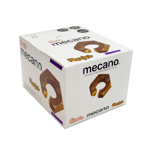Una caja blanca de 20 unidades de mecano con un hexágono de chocolate en la parte superior y los laterales.
