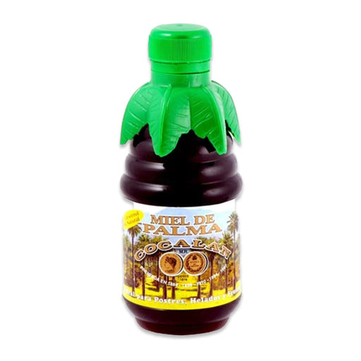 Botella de 330 gramos de miel con tapón superior en forma de hoja verde y etiqueta amarilla con árboles.