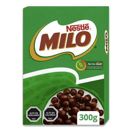 Una gran caja verde de cereales de chocolate Milo importados de Chile.