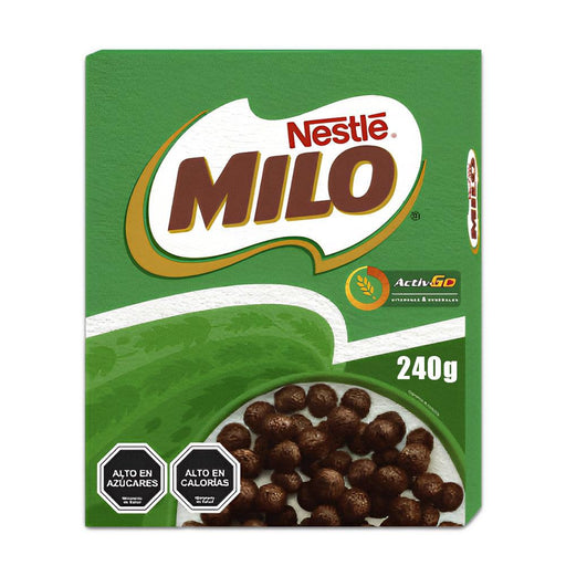 Una gran caja verde de cereales de chocolate Milo importados de Chile.