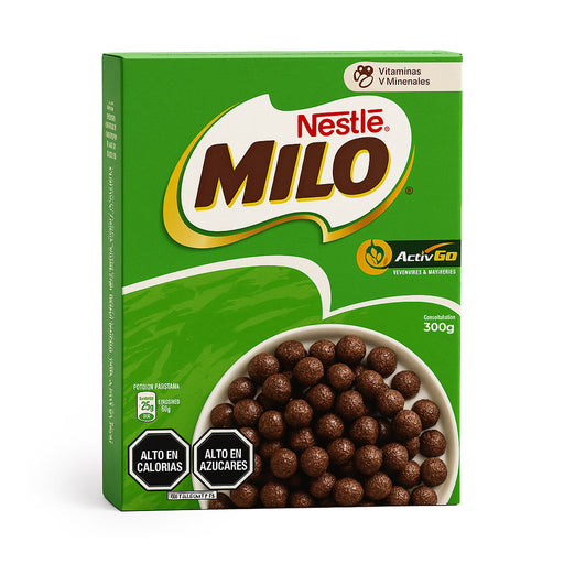 Una gran caja verde de cereales de chocolate Milo importados de Chile.