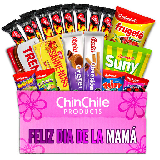 Una caja rosa para el Día de la Madre llena de caramelos, galletas y bombones chilenos.