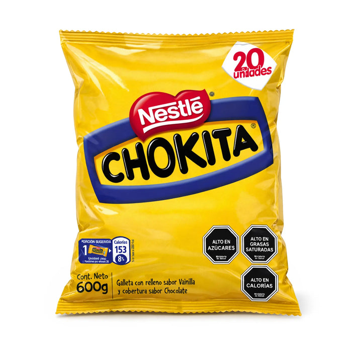 Una bolsa amarilla de 20 unidades de bombones chokita con el logotipo rojo de Nestlé en la parte delantera.