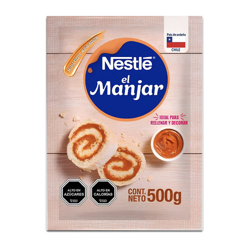 Una bolsa bronceada de 500 g de manjar nestle con una pasta enrollada en la parte delantera.