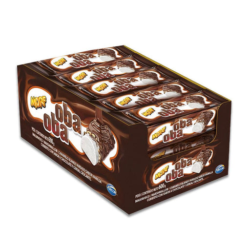 Caja marrón de 30 unidades de Barras de chocolate con malvavisco Oba Oba en envase marrón.
