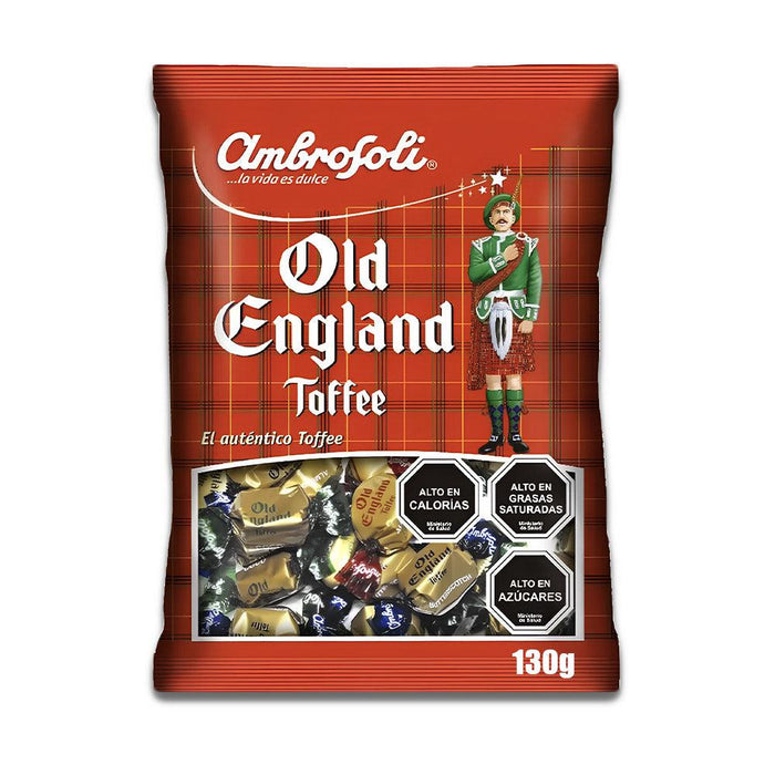 Bolsa de caramelos Old England Toffee de Ambrosoli, con caramelos de toffee surtidos envueltos individualmente en sabores de caramelo de mantequilla, almendra y coco.