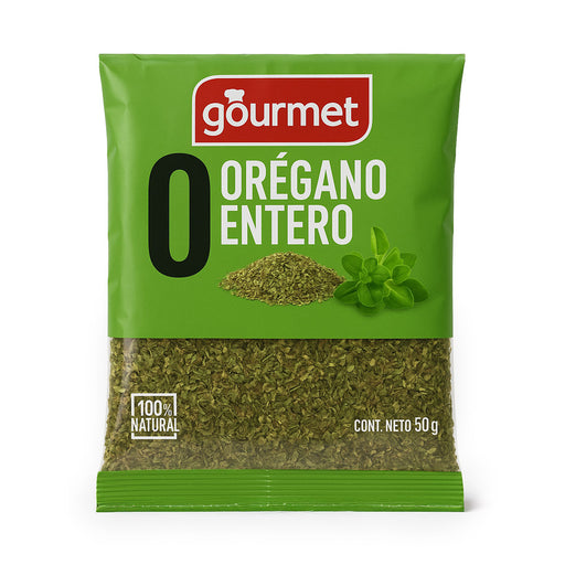 Bolsa de 50g de Orégano Entero Gourmet importado de Chile - envase verde con orégano seco en su interior.